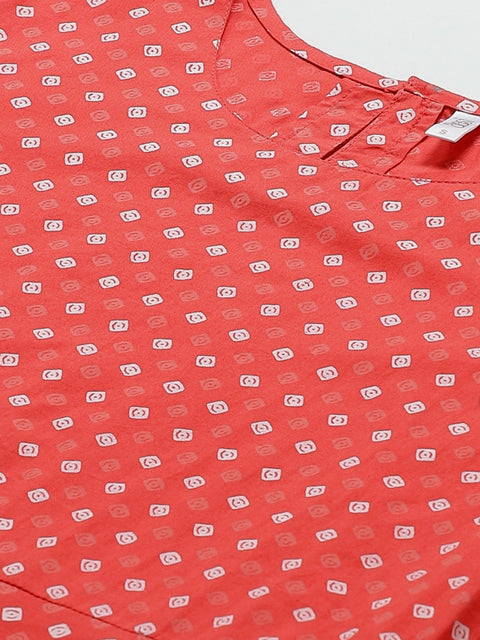 Women Peach Floral Printed Round Neck Cotton Fit and Flare Dress