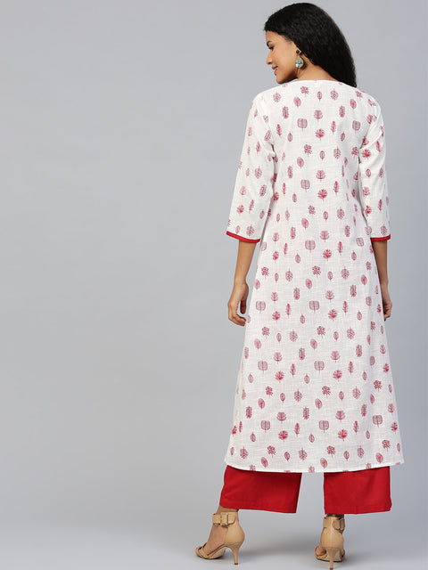 Women White Three-Quarter Sleeves Flared Kurta With Palazzo