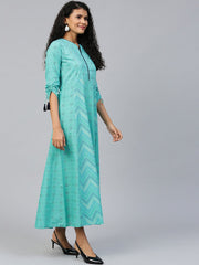 Women Blue Floral Printed V-Neck Cotton Maxi Dress