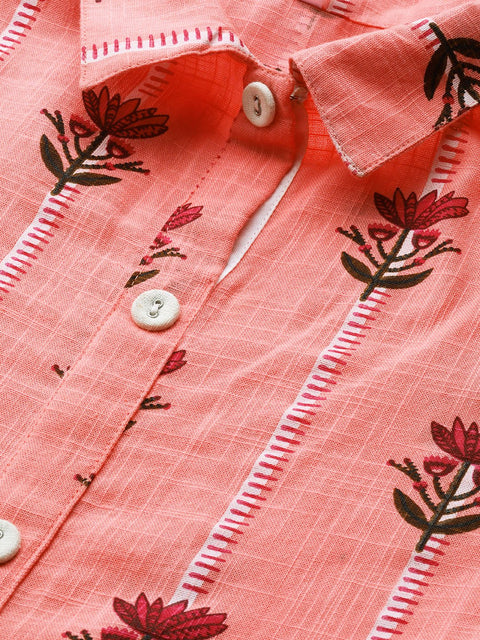 Women Pink Floral Printed Shirt Collar Cotton Maxi Dress