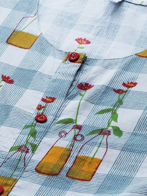 Women Blue Geometric Printed Round Neck Cotton A-Line Dress