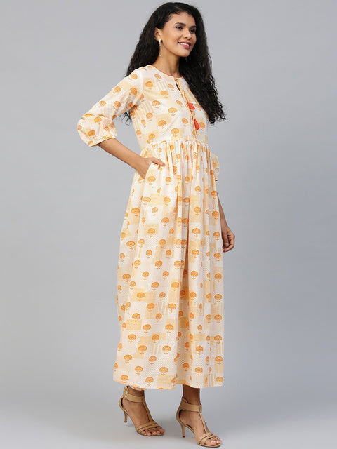 Women Off white Floral Printed Round Neck Cotton A-Line Dress