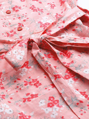 Women Pink Floral Printed Shirt Collar Cotton A-Line Dress