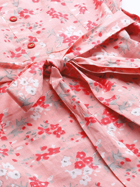Women Pink Floral Printed Shirt Collar Cotton A-Line Dress