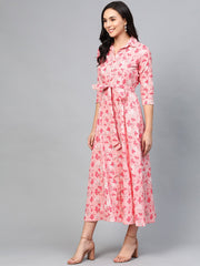 Women Pink Floral Printed Shirt Collar Cotton A-Line Dress