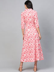 Women Pink Floral Printed Shirt Collar Cotton A-Line Dress