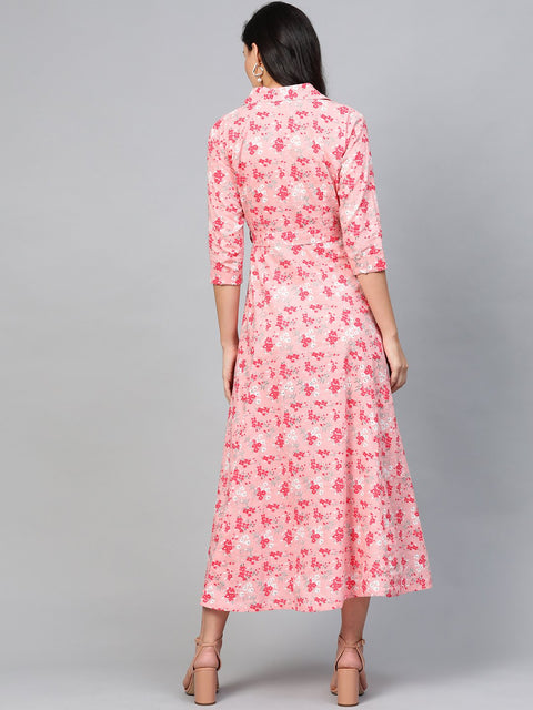 Women Pink Floral Printed Shirt Collar Cotton A-Line Dress