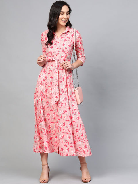 Women Pink Floral Printed Shirt Collar Cotton A-Line Dress