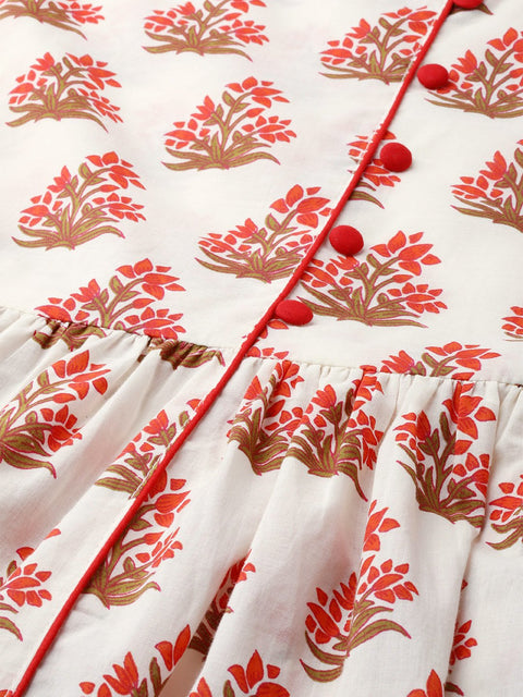 Women Off white Floral Printed V-Neck Cotton A-Line Dress