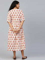 Women Off white Floral Printed V-Neck Cotton A-Line Dress