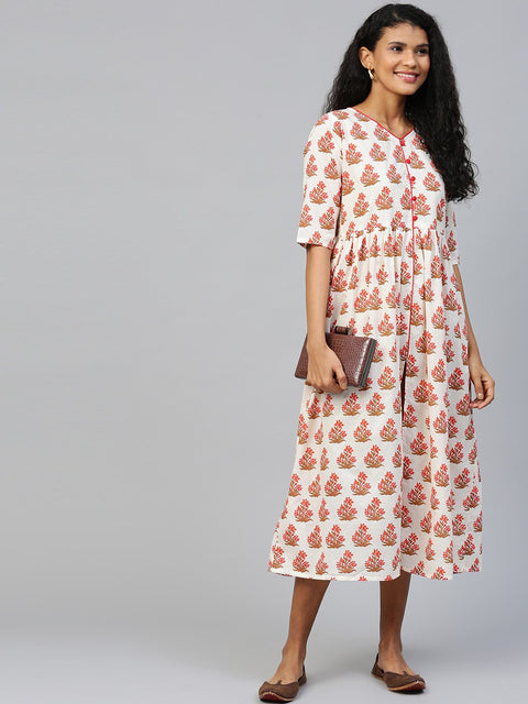 Women Off white Floral Printed V-Neck Cotton A-Line Dress