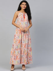 Women Multi Abstract Printed Halter Neck Cotton A-Line Dress