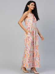 Women Multi Abstract Printed Halter Neck Cotton A-Line Dress