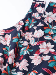 Women Black Floral Printed Round Neck Cotton A-Line Dress