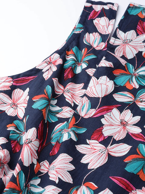 Women Black Floral Printed Round Neck Cotton A-Line Dress