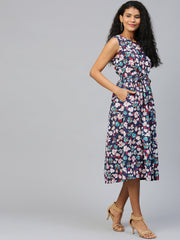 Women Black Floral Printed Round Neck Cotton A-Line Dress