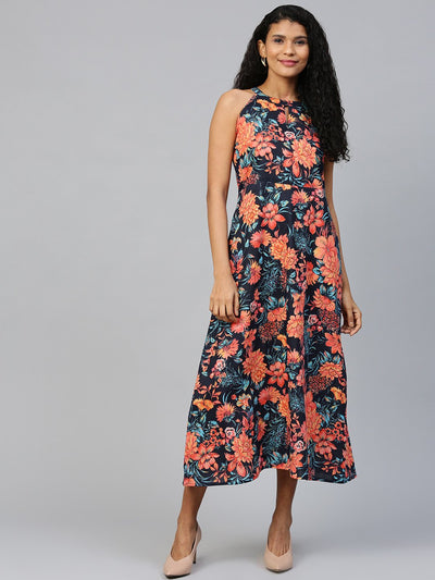 Women Black Floral Printed Halter Neck Cotton A-Line Dress