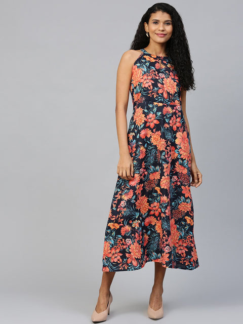 Women Black Floral Printed Halter Neck Cotton A-Line Dress