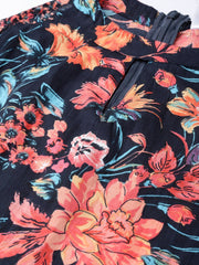 Women Black Floral Printed Halter Neck Cotton A-Line Dress