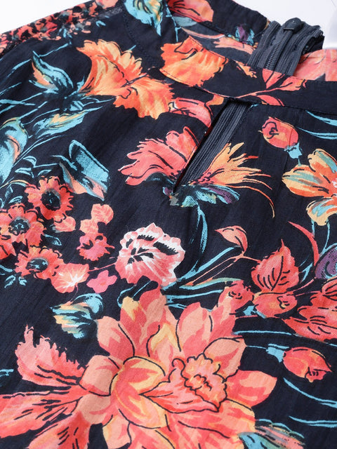 Women Black Floral Printed Halter Neck Cotton A-Line Dress