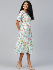 Women Blue Floral Printed Square Neck Viscose Rayon Fit and Flare Dress
