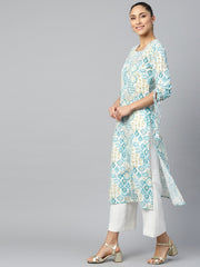 Women White Calf Length Long Sleeves A-Line Quirky Printed Cotton Kurta