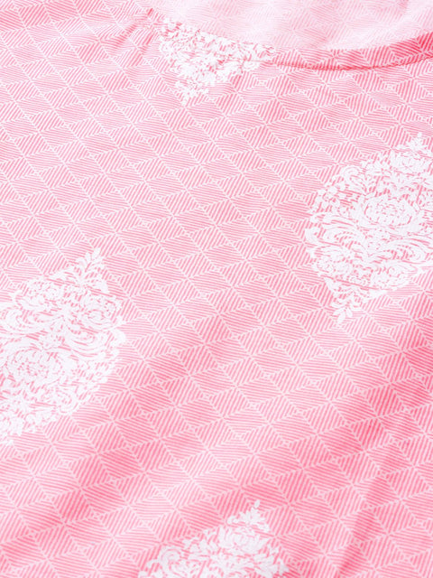 Women Pink Calf Length Short Sleeves A-Line Ethnic Motifs Printed Cotton Kurta