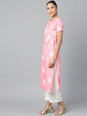 Women Pink Calf Length Short Sleeves A-Line Ethnic Motifs Printed Cotton Kurta