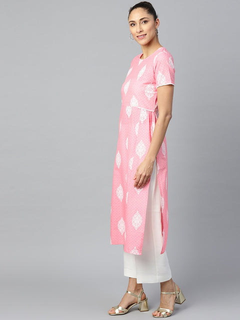 Women Pink Calf Length Short Sleeves A-Line Ethnic Motifs Printed Cotton Kurta