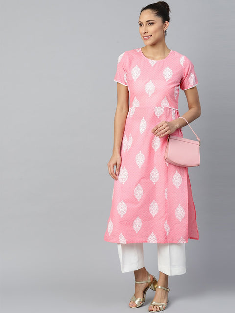 Women Pink Calf Length Short Sleeves A-Line Ethnic Motifs Printed Cotton Kurta