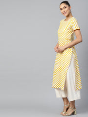 Women Yellow Calf Length Short Sleeves A-Line Ethnic Motifs Printed Cotton Kurta