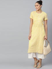 Women Yellow Calf Length Short Sleeves A-Line Ethnic Motifs Printed Cotton Kurta