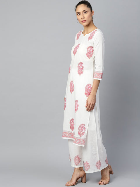 Women White Three-Quarter Sleeves Straight Kurta with Palazzo Set