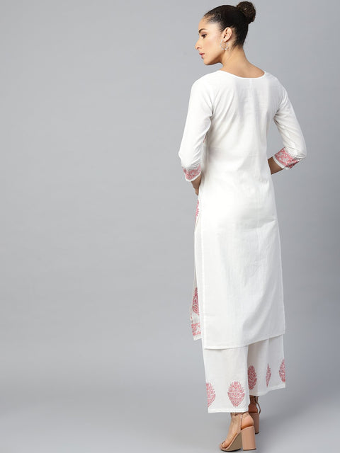 Women White Three-Quarter Sleeves Straight Kurta with Palazzo Set