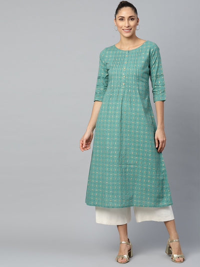 Women Green Calf Length Three-Quarter Sleeves A-Line Geometric Yoke Design Cotton Kurta