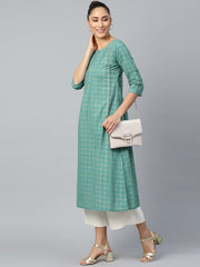 Women Green Calf Length Three-Quarter Sleeves A-Line Geometric Yoke Design Cotton Kurta