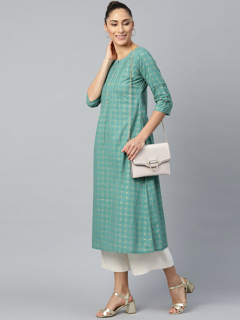 Women Green Calf Length Three-Quarter Sleeves A-Line Geometric Yoke Design Cotton Kurta