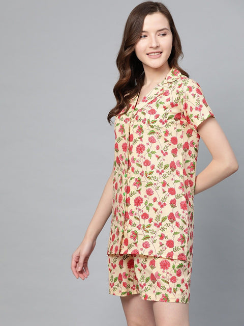 Women beige floral printed night suit