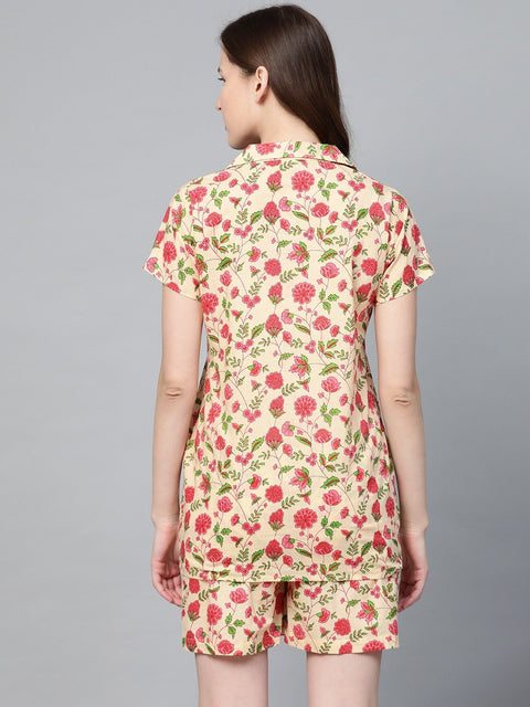 Women beige floral printed night suit