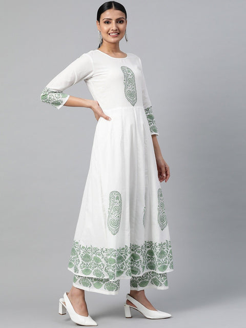 Women White Three-Quarter Sleeves Flared Kurta With Palazzo