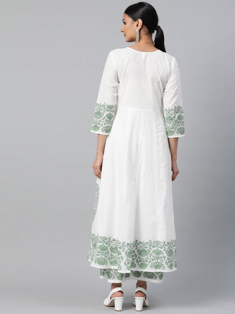 Women White Three-Quarter Sleeves Flared Kurta With Palazzo