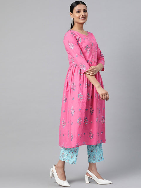 Women Pink Three-Quarter Sleeves Flared Kurta With Palazzo