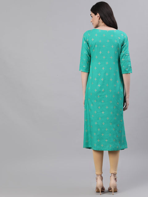 Women Green Calf Length Three-Quarter Sleeves A-Line Ethnic Motifs Printed Viscose Rayon Kurta