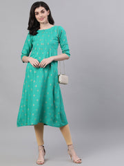Women Green Calf Length Three-Quarter Sleeves A-Line Ethnic Motifs Printed Viscose Rayon Kurta