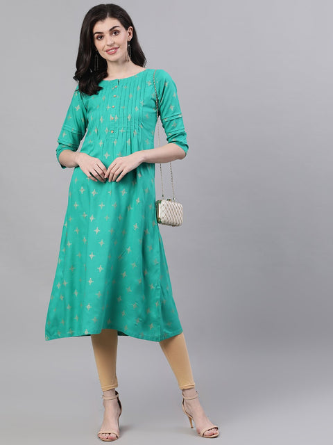 Women Green Calf Length Three-Quarter Sleeves A-Line Ethnic Motifs Printed Viscose Rayon Kurta