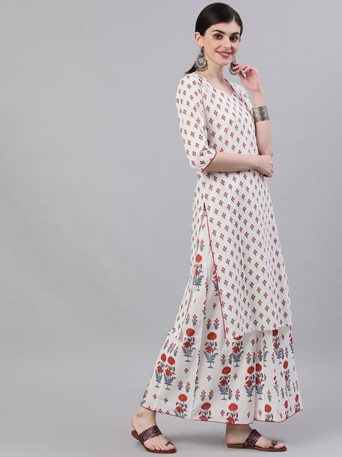 Women White Three-Quarter Sleeves Straight Kurta and Wide leg Palazzo Set