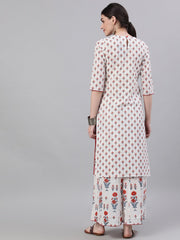 Women White Three-Quarter Sleeves Straight Kurta and Wide leg Palazzo Set