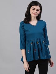 Women Teal Blue Three-Quarter Sleeves Gathered or Pleated Top