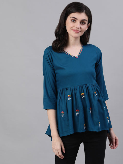 Women Teal Blue Three-Quarter Sleeves Gathered or Pleated Top