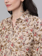 Women Beige Calf Length Three-Quarter Sleeves Straight Floral Printed Cotton Kurta